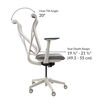 Side view of cloud white Vari Align office chair labeled with a chair tilt angle of twenty degrees and a seat depth range of nineteen and a half to twenty-one and three-quarter inches, with Alloy Grey mesh back and seat.